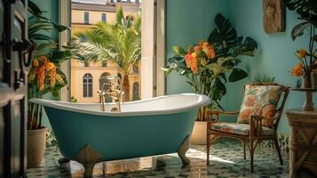 Generative AI, retro boho hotel bathroom, Puerto Rico style. Bright colors and plants photo