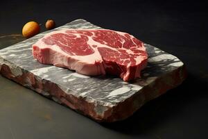 Generative AI, raw fresh ribeye steak on a board on a table prepared for the grill, cowboy steak with rosemary and pepper photo