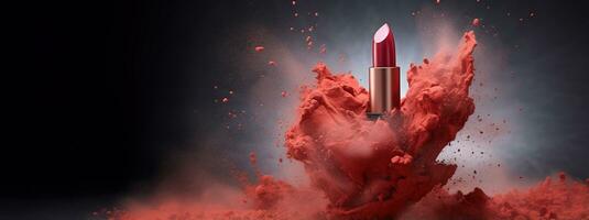 Generative AI, Red lipstick, powder splashes and smoke with copy space. photo