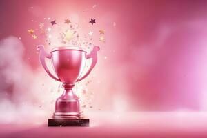 Generative AI, Winner trophy with flames, pink golden champion cup with falling confetti on pink background photo