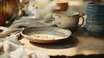 Generative AI, crafted pottery, still life of hand made pottery and ceramic bowls, hobby and leisure concept photo