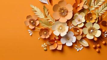 Generative AI, Paper cut craft flowers and leaves, apricot crush orange color, origami textured background, spring mood. Floral frame layout.. photo