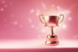 Generative AI, Winner trophy with flames, pink golden champion cup with falling confetti on pink background photo