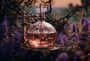 Generative AI, Essential oil extraction with distillery machine with lavender flowers photo