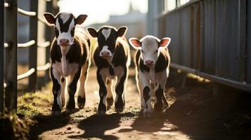Generative AI, little calfs looking at the camera on a farm, baby cows photo