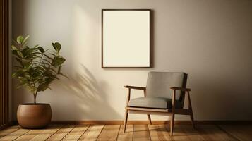 Generative AI, Poster frame mockup in beige and brown living room interior, wabi sabi minimalism style photo