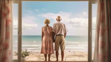 generativo ai, un mayor Pareja mirando a el Oceano o mar, teniendo divertido a el playa foto