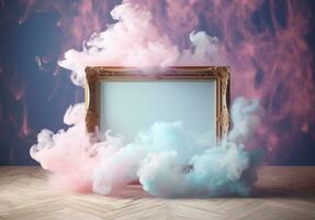 Generative AI, pastel light smoke around empty vintage beautiful frame. photo