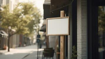 Generative AI, coffee shop street signboard mock up for logo design, brand presentation, aesthetic muted neutral colors, on the wall outdoor photo