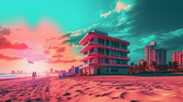 Generative AI, Miami Summer Vibes retro illustration. Vintage pink and blue colors, buildings, California palms, 80s style photo