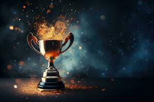 Generative AI, Winner trophy with flames, golden champion cup with falling confetti on dark background photo