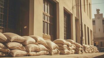 generativo ai, apilar cáñamo sacos de arroz o café, industrial almacenamiento foto