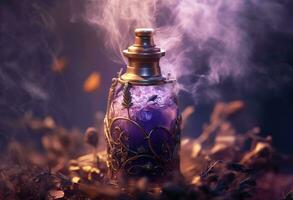 Generative AI, A bottle of essential oil with fresh lavender twigs withh smoke on dark background, herbal oil and flowers photo