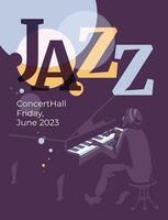 Jazz and classical music event poster design concept. Pianist on typography abstract decorative background. Vector flat illustration