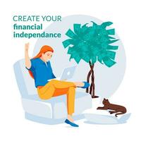 Passive income concept. Financial independence and increase income. Woman with laptop and tree money sitting at home. Influencer, investor. Flat vector illustration.