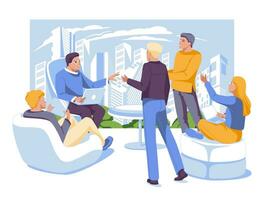 business team working conversation concept. Skyscrapers panorama of the city in a large window. Flat vector illustration