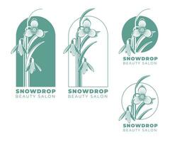 snowdrop floral logo design for boutique, beauty, spa salon, silhouette of female emblem. Different variants of the logo. Vintage Art Nouveau style. Vector flat illustration