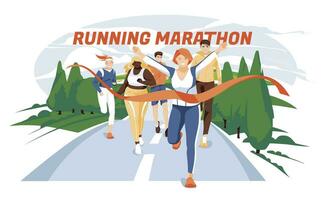 Different people characters run to finish the marathon distance. Summer, spring, field and trees. The concept of a healthy lifestyle. Various races and big size athletes. Flat, cartoon vector. vector
