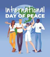 Peace Day poster four people of different races in white clothe stand on the background of a large globe. Vector flat illustration