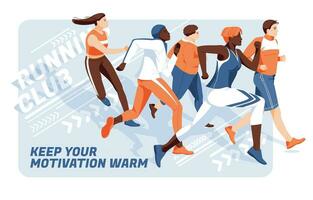 Banner for advertising running competitions or training. A group of athletes running on an abstract background. Different races, fat men. Design for presentations, print, web advertising banners. vector