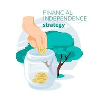 The concept of passive income. Financial Independence Strategy. A human hand holds a coin and puts it in a jar. Big green tree in the background. Flat vector illustration.