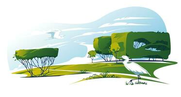 Green landscape with flying herons. Summer spring clouds flat vector illustration