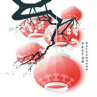 Chinese lanterns with a decorative cherry blossom branch. Traditional Asian style. Isolated on white background. vector