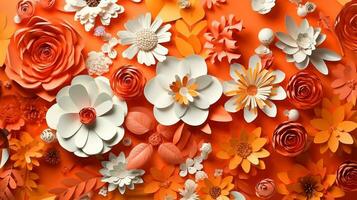 Generative AI, Paper cut craft flowers and leaves, apricot crush orange color, origami textured background, spring mood. Floral frame layout.. photo