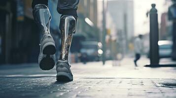 Generative AI, person with disability, prosthetic limb running and does not feel obstacles photo