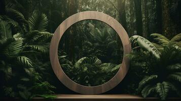 Generative AI, Empty circle wooden frame and tropical leaves on jungle background. For product display. photo