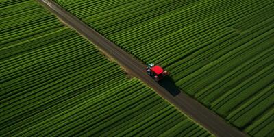 generativo ai, granja vistoso paisaje, agrícola campos, hermosa campo, país la carretera. naturaleza ilustración, parte superior ver zumbido, horizontal bandera. foto