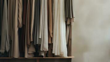 Generative AI, Cloth store aesthetic background, photo of clothes hanging on hangers, muted neutral colors