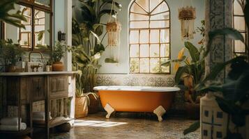 Generative AI, retro boho hotel bathroom, Puerto Rico style. Bright colors and plants photo
