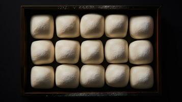 Generative AI, mochi on the dark table background, Traditional Japanese dessert, top view, flat lay photo