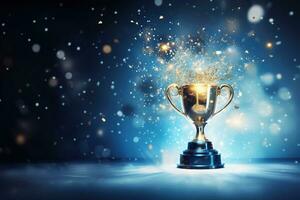 Generative AI, Winner trophy with flames, blue golden champion cup with falling confetti on blue background. photo
