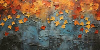 Generative AI, Closeup of impasto abstract rough autumn colors art painting texture, orange fall background photo