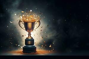 Generative AI, Winner trophy with flames, golden champion cup with falling confetti on dark background photo