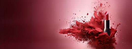 Generative AI, Red lipstick, powder splashes and smoke with copy space. photo