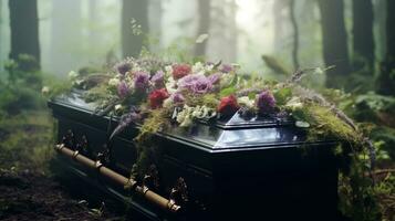 Generative AI, Flowers on a coffin in the funeral or burial services at cemetery, casket with flowers photo