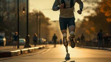 Generative AI, person with disability, prosthetic limb running and does not feel obstacles, photo