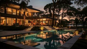 generativo ai, ver de nadando piscina en frente de un moderno lujo casa iluminado en el noche foto