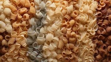 Generative AI, Variety of types, colors and shapes of Italian pasta, texture background photo