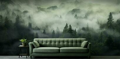 Generative AI, Interior design with couch, sofa and wallpaper of fir forest beautiful landscape in hipster vintage retro style, foggy mountains and trees. photo