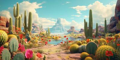 Generative AI, psychedelic and surreal scenery with cactus in the desert. Landscape of the wild west photo