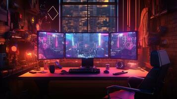 Generative AI, Computer on the table in cyberpunk style, nostalgic 80s, 90s. Neon night lights vibrant colors, photorealistic horizontal illustration of the futuristic interior. Technology concept. photo