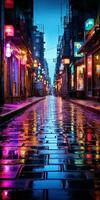 Generative AI, Night scene of after rain city in cyberpunk style, futuristic nostalgic 80s, 90s. Neon lights vibrant colors, photorealistic vertical illustration. photo