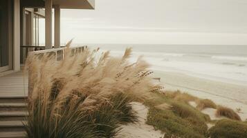 Generative AI, Beach aesthetic villa house and coast landscape, muted colors, minimalism photo