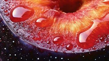 Generative AI, bright slice of juicy ripe plum and water drops, macro of summer fruit photo