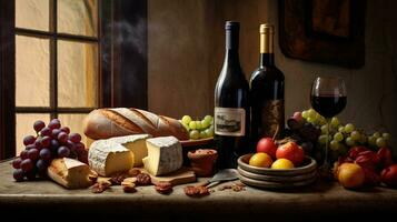 Generative AI, wine still life with grapes, rosemary, prosciutto, blue cheese, figs, bread. photo