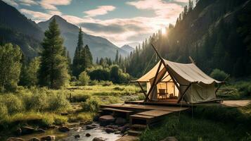 Generative AI, Camping outdoor concept near the lake or river, tourist camp on the beautiful green landscape with mountains photo